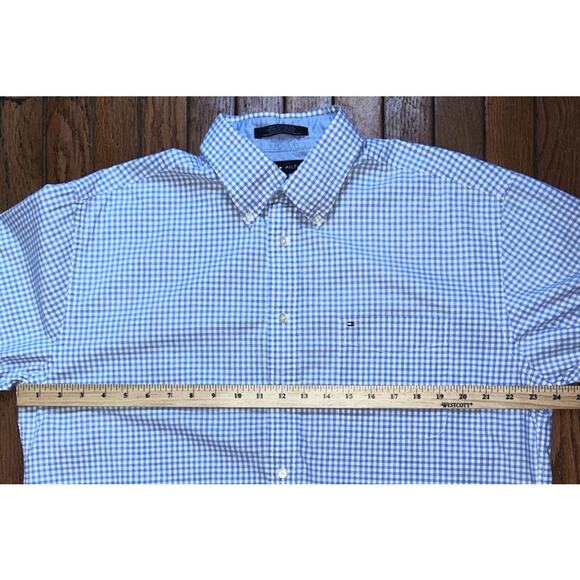 Tommy Hilfiger Men's Large Blue & White Checkered Short Sleeve Button Down Shirt - Picture 5 of 6